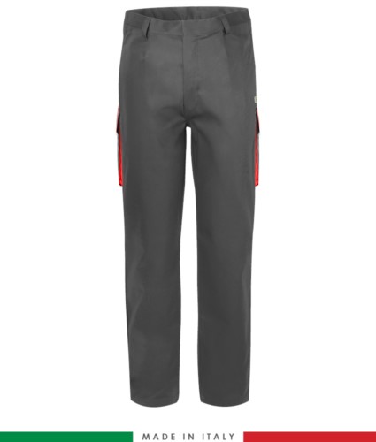 Two-tone multipro trousers, multi-pocket, coloured profile on the pockets, Made in Italy, certified EN 11611, EN 1149-5, EN 13034, CEI EN 61482-1-2:2008, EN 11612:2009, color grey and red