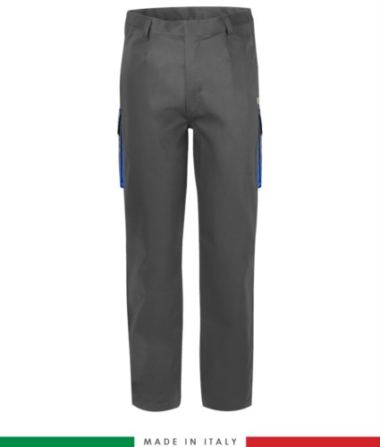 Two-tone multipro trousers, multi-pocket, coloured profile on the pockets, Made in Italy, certified EN 11611, EN 1149-5, EN 13034, CEI EN 61482-1-2:2008, EN 11612:2009, color grey and royal blue

