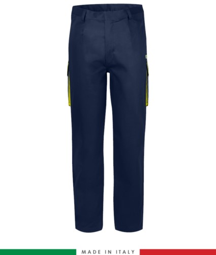  Two-tone multipro trousers, multi-pocket, coloured profile on the pockets, Made in Italy, certified EN 11611, EN 1149-5, EN 13034, CEI EN 61482-1-2:2008, EN 11612:2009, colornavy blue and yellow