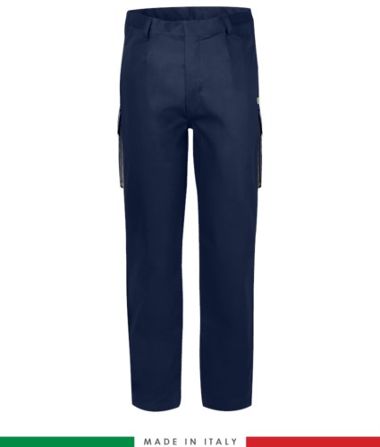  Two-tone multipro trousers, multi-pocket, coloured profile on the pockets, Made in Italy, certified EN 11611, EN 1149-5, EN 13034, CEI EN 61482-1-2:2008, EN 11612:2009, color navy blue and grey