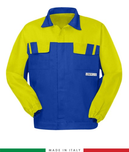 Multipro two-tone jacket, covered button closure, two chest pockets, elasticated cuffs, colour inserts on shoulders and inside collar, Made in Italy, colour royal blue/yellow

