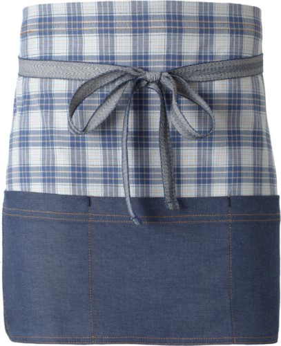 Chef apron, front closure at the waist with ribbon, color blue check 

