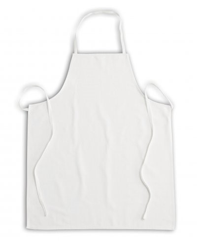 apron without pockets, with bib, cotton filzband at neck and hips, stitching with polyester thread, color white
