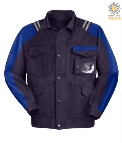 Multi season jacket with contrasting two-tone inserts. Colour blue