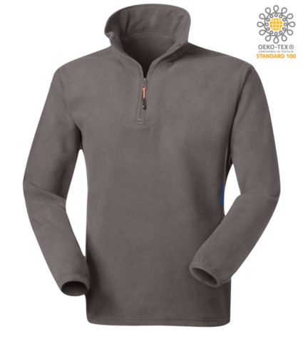 Anti pilling microfleece in 100% Polyester with short zip and elasticated fabric at the wrists, colour grey
