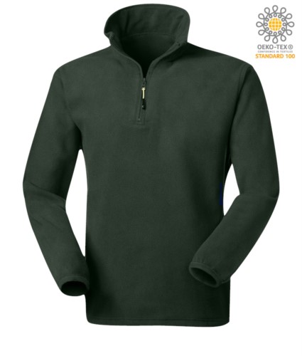 Anti pilling microfleece in 100% Polyester with short zip and elasticated fabric at the wrists, colour dark green