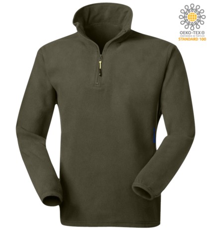 Anti pilling microfleece in 100% Polyester with short zip and elasticated fabric at the wrists, colour army green
