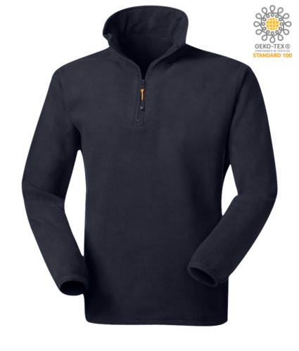 Anti pilling microfleece in 100% Polyester with short zip and elasticated fabric at the wrists, colour navy blue
