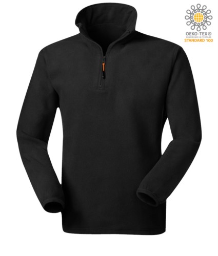 Anti pilling microfleece in 100% Polyester with short zip and elasticated fabric at the wrists, colour black