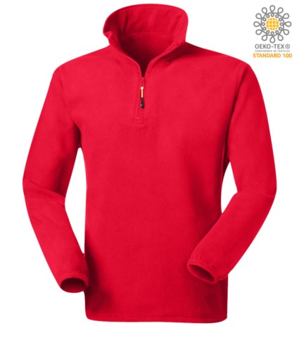 Anti pilling microfleece in 100% Polyester with short zip and elasticated fabric at the wrists, colour red