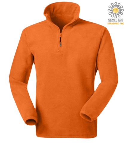 Anti pilling microfleece in 100% Polyester with short zip and elasticated fabric at the wrists, colour orange