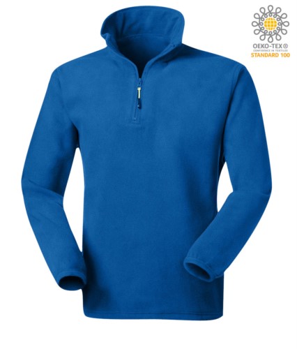 Anti pilling microfleece in 100% Polyester with short zip and elasticated fabric at the wrists, colour royal blue