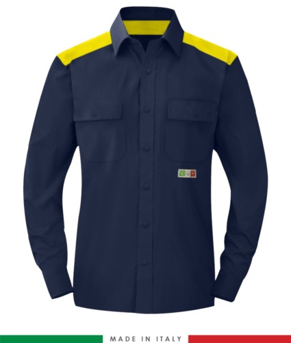 Two-tone multi-pro shirt, snap button closure, two chest pockets, coloured inserts on shoulders and inside collar, certified EN 1149-5, EN 13034, UNI EN ISO 14116:2008, color  navy blue /yellow