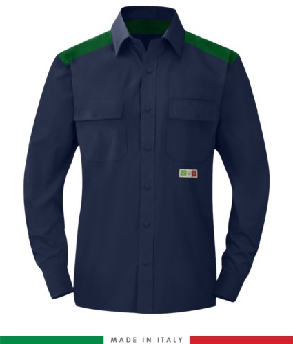 Two-tone multi-pro shirt, snap button closure, two chest pockets, coloured inserts on shoulders and inside collar, certified EN 1149-5, EN 13034, UNI EN ISO 14116:2008, color  navy blue/green