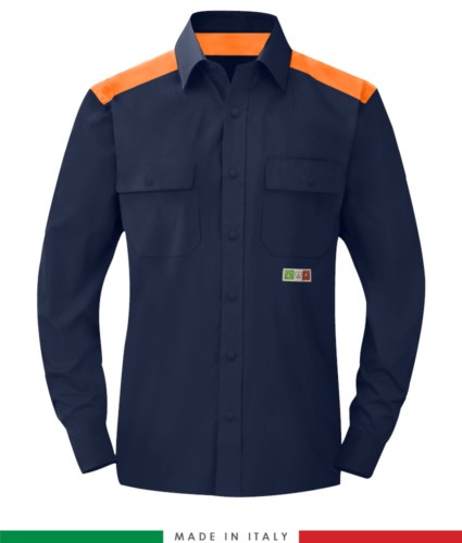 Two-tone multi-pro shirt, snap button closure, two chest pockets, coloured inserts on shoulders and inside collar, certified EN 1149-5, EN 13034, UNI EN ISO 14116:2008, color  navy blue /orange