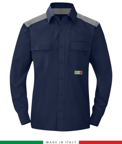 Two-tone multi-pro shirt, snap button closure, two chest pockets, coloured inserts on shoulders and inside collar, certified EN 1149-5, EN 13034, UNI EN ISO 14116:2008, color  navy blue/ grey
