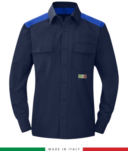 Two-tone multi-pro shirt, snap button closure, two chest pockets, coloured inserts on shoulders and inside collar, certified EN 1149-5, EN 13034, UNI EN ISO 14116:2008, color  navy blue /royal blue 