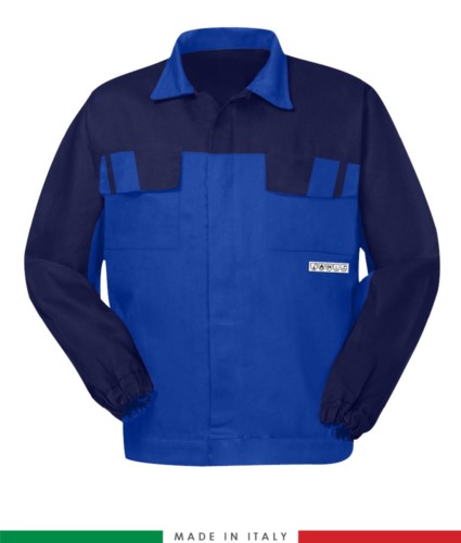 Multipro two-tone jacket, covered button closure, two chest pockets, elasticated cuffs, colour inserts on shoulders and inside collar, Made in Italy, colour royal blue/ navy blue