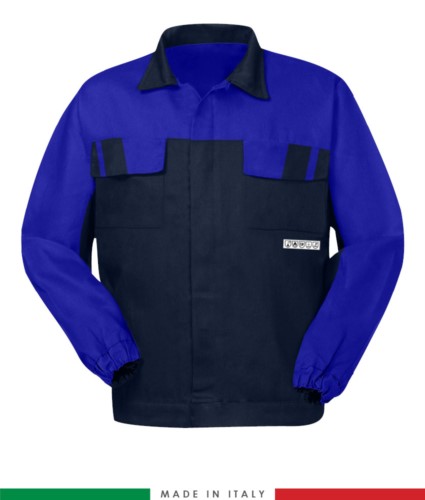 Multipro two-tone jacket, covered button closure, two chest pockets, elasticated cuffs, colour inserts on shoulders and inside collar, Made in Italy, colour navy blu/ royal blue