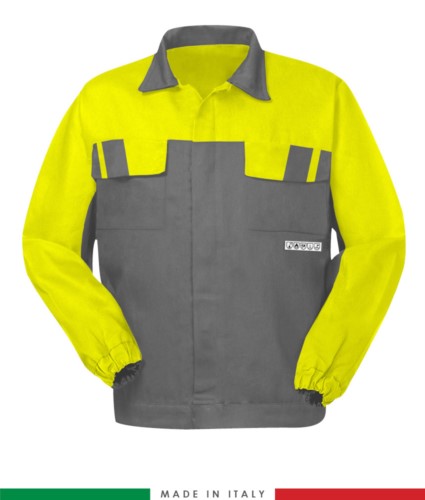 Multipro two-tone jacket, covered button closure, two chest pockets, elasticated cuffs, colour inserts on shoulders and inside collar, Made in Italy, certified EN 11611, EN 1149-5, EM 13034, CEI EN 61482-1-2:2008, EN 11612:2009, colour grey/yellow