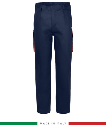 Two-tone multipro trousers, multi-pocket, coloured profile on the pockets, Made in Italy, certified EN 11611, EN 1149-5, EN 13034, CEI EN 61482-1-2:2008, EN 11612:2009, color navy blue and orange