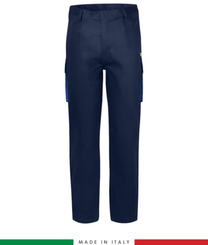 Two-tone multipro trousers, multi-pocket, coloured profile on the pockets, Made in Italy, certified EN 11611, EN 1149-5, EN 13034, CEI EN 61482-1-2:2008, EN 11612:2009, color navy blue and royal blue