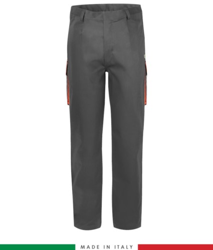 Two-tone multipro trousers, multi-pocket, coloured profile on the pockets, Made in Italy, certified EN 11611, EN 1149-5, EN 13034, CEI EN 61482-1-2:2008, EN 11612:2009, color grey and orange
