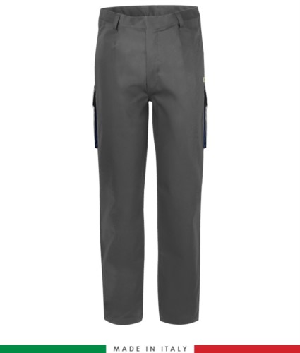 Two-tone multipro trousers, multi-pocket, coloured profile on the pockets, Made in Italy, certified EN 11611, EN 1149-5, EN 13034, CEI EN 61482-1-2:2008, EN 11612:2009, color grey and navy blue