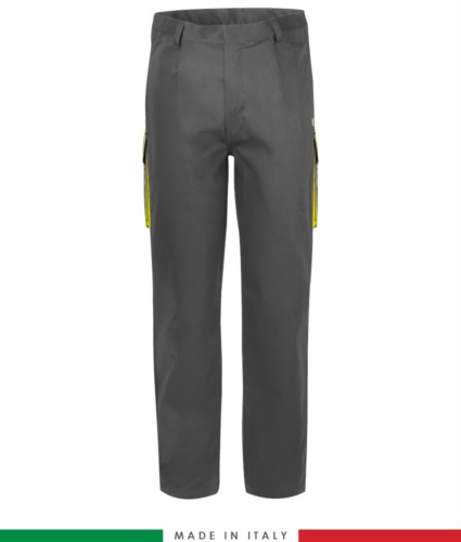 Two-tone multipro trousers, multi-pocket, coloured profile on the pockets, Made in Italy, certified EN 11611, EN 1149-5, EN 13034, CEI EN 61482-1-2:2008, EN 11612:2009, color grey and yellow