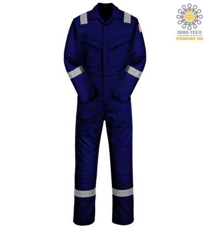 Antistatic and fireproof coverall, adjustable cuff, sleeve pocket, side access, tape measure pocket, navy blue colour. CE certified, NFPA 2112, EN 11611, EN 11612:2009, ASTM F1959-F1959M-12, EN 1149-5, CEI EN 61482-1-2:2008
