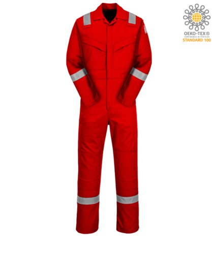 Antistatic and fireproof coverall, adjustable cuff, sleeve pocket, side access, tape measure pocket, red colour. CE certified, NFPA 2112, EN 11611, EN 11612:2009, ASTM F1959-F1959M-12, EN 1149-5, CEI EN 61482-1-2:2008