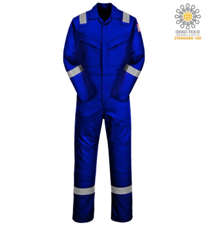 Antistatic and fireproof coverall, adjustable cuff, sleeve pocket, side access, tape measure pocket, royal blue colour. CE certified, NFPA 2112, EN 11611, EN 11612:2009, ASTM F1959-F1959M-12, EN 1149-5, CEI EN 61482-1-2:2008