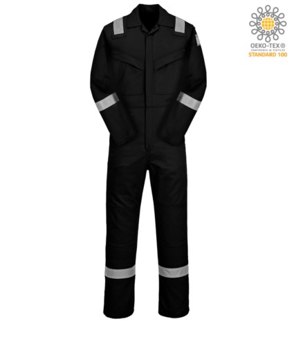 tistatic and fireproof coverall, adjustable cuff, sleeve pocket, side access, tape measure pocket, black colour. CE certified, EN 11611, EN 11612:2009, ASTM F1959-F1959M-12, EN 1149-5, CEI EN 61482-1-2:2008