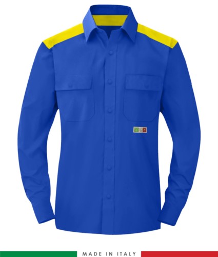 Two-tone multi-pro shirt, snap button closure, two chest pockets, coloured inserts on shoulders and inside collar, certified EN 1149-5, EN 13034, UNI EN ISO 14116:2008, color royal blue and yelow
