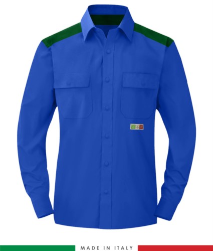 Two-tone multi-pro shirt, snap button closure, two chest pockets, coloured inserts on shoulders and inside collar, certified EN 1149-5, EN 13034, UNI EN ISO 14116:2008, color royal blue and green