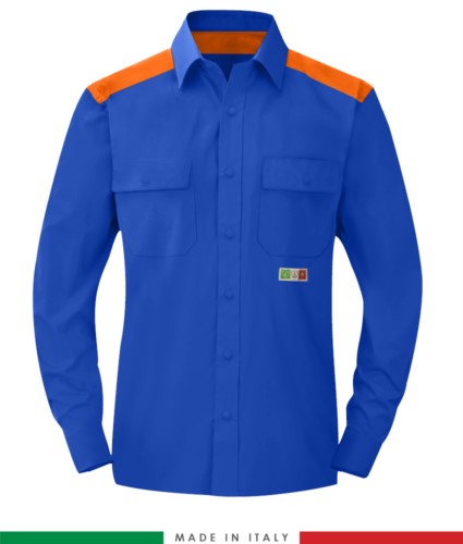 Two-tone multi-pro shirt, snap button closure, two chest pockets, coloured inserts on shoulders and inside collar, certified EN 1149-5, EN 13034, UNI EN ISO 14116:2008, color royal blue and orange