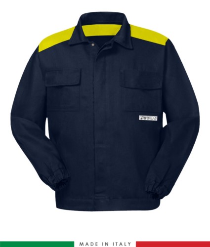 Two-tone multipro jacket, covered button closure, two chest pockets, elasticated cuffs, colour inserts on shoulders and inside collar, Made in Italy, certified EN 11611, EN 1149-5, EM 13034, CEI EN 61482-1-2:2008, EN 11612:2009, colour navy blue/yellow