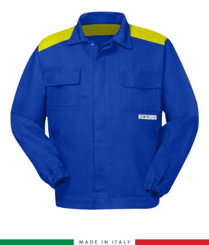 Two-tone multipro jacket, covered button closure, two chest pockets, elasticated cuffs, colour inserts on shoulders and inside collar, Made in Italy, colour royal blue / yellow