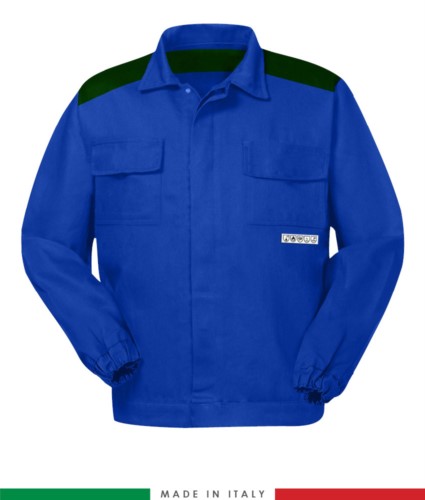 Two-tone multipro jacket, covered button closure, two chest pockets, elasticated cuffs, colour inserts on shoulders and inside collar, Made in Italy, colour royal blue/green