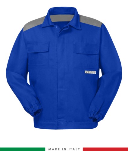 Two-tone multipro jacket, covered button closure, two chest pockets, elasticated cuffs, colour inserts on shoulders and inside collar, Made in Italy, colour royal royal blue /grey