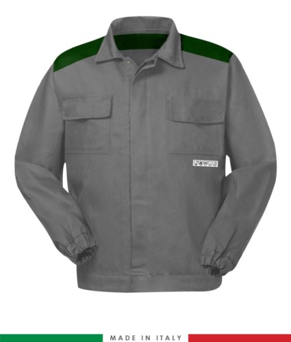 Multipro two-tone jacket, covered button closure, two chest pockets, elasticated cuffs, colour inserts on shoulders and inside collar, colour grey/green