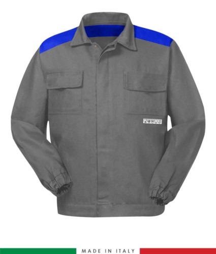 Two-tone trivalent jacket, covered button closure, two chest pockets, elasticated cuffs, color inserts on shoulders and inside neck, color grey/royal blue