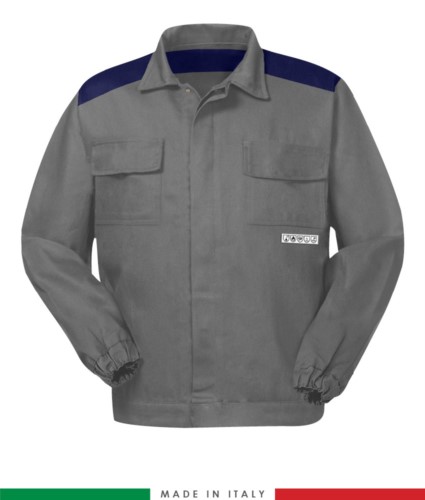 Two-tone trivalent jacket, covered button closure, two chest pockets, elasticated cuffs, color inserts on shoulders and inside neck, color grey/blue