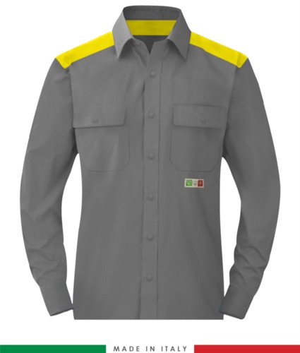 Two-tone multi-pro shirt, snap button closure, two chest pockets, coloured inserts on shoulders and inside collar, certified EN 1149-5, EN 13034, UNI EN ISO 14116:2008, color grey /yellow