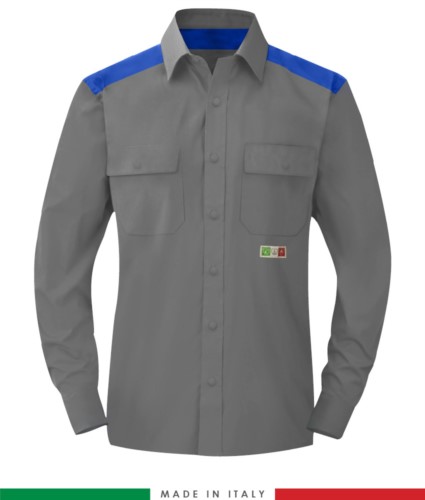 Two-tone multi-pro shirt, snap button closure, two chest pockets, coloured inserts on shoulders and inside collar, certified EN 1149-5, EN 13034, UNI EN ISO 14116:2008, color gey/royal blue