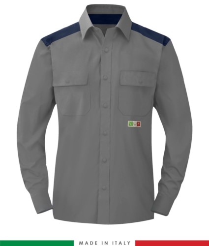 Two-tone multi-pro shirt, snap button closure, two chest pockets, coloured inserts on shoulders and inside collar, certified EN 1149-5, EN 13034, UNI EN ISO 14116:2008, color grey/navy blue