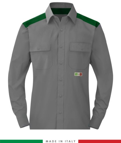 Two-tone multi-pro shirt, snap button closure, two chest pockets, coloured inserts on shoulders and inside collar, certified EN 1149-5, EN 13034, UNI EN ISO 14116:2008, color grey /green