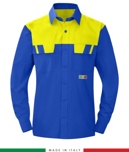 Two-tone multipro shirt, long sleeves, two chest pockets, Made in Italy, certified EN 1149-5, EN 13034, EN 14116:2008, color royal blue/yellow