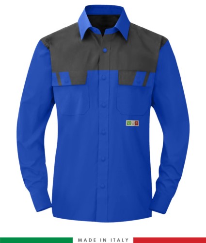 Two-tone multipro shirt, long sleeves, two chest pockets, Made in Italy, certified EN 1149-5, EN 13034, EN 14116:2008, color royal blue/grey