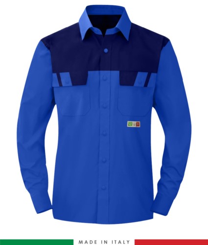 Two-tone multipro shirt, long sleeves, two chest pockets, Made in Italy, certified EN 1149-5, EN 13034, EN 14116:2008, color royal blue/ navy blue